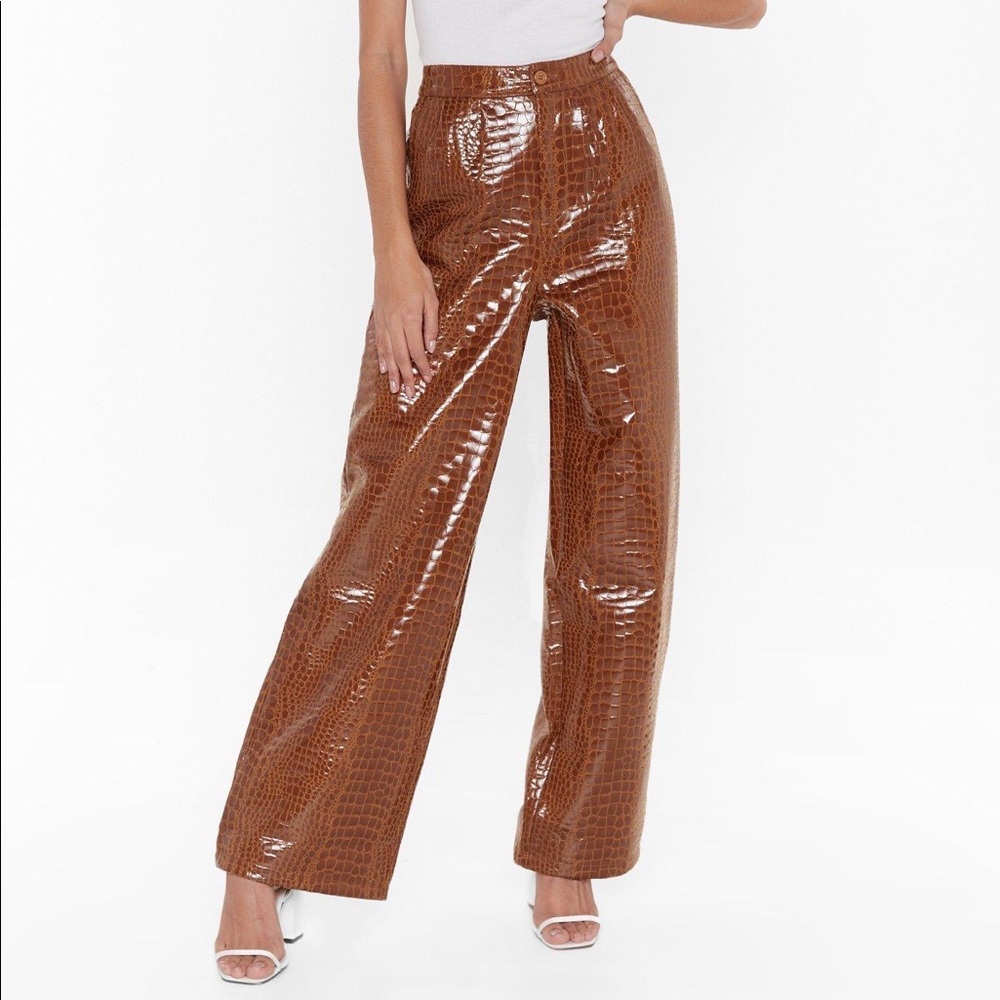 Nasty Gal Brown Croc Faux Leather Wideleg Pants
